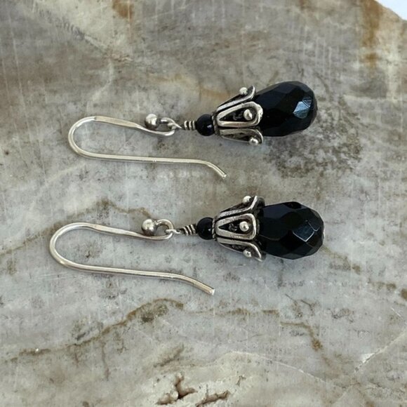 Sterling Silver 925 1.5" Checkerboard Faceted Black Glass Beaded Dangle Earrings - Picture 5 of 16